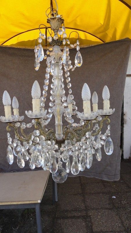 Ancien lustre / suspension 5 branches bronze et porcelaine